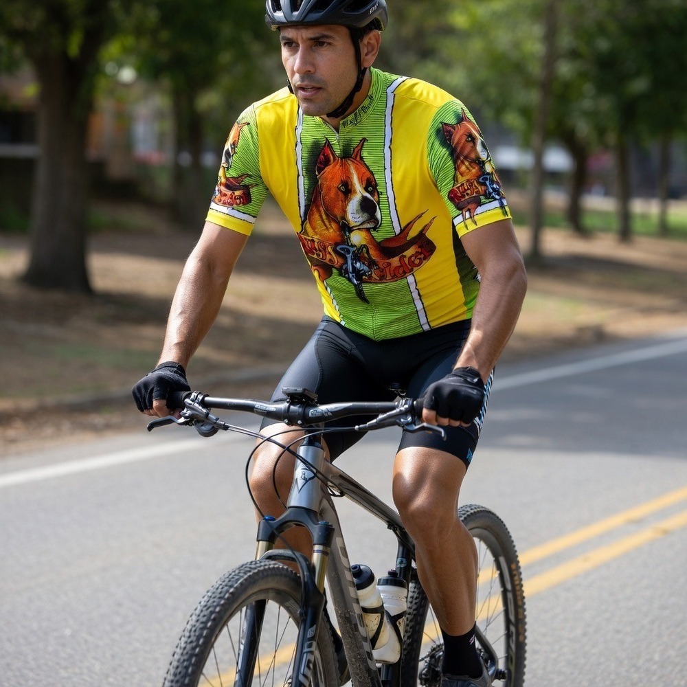 Primal Wear Ruff Rider Cycling Jersey Womens Large Pit Bull Dog Yellow Green L